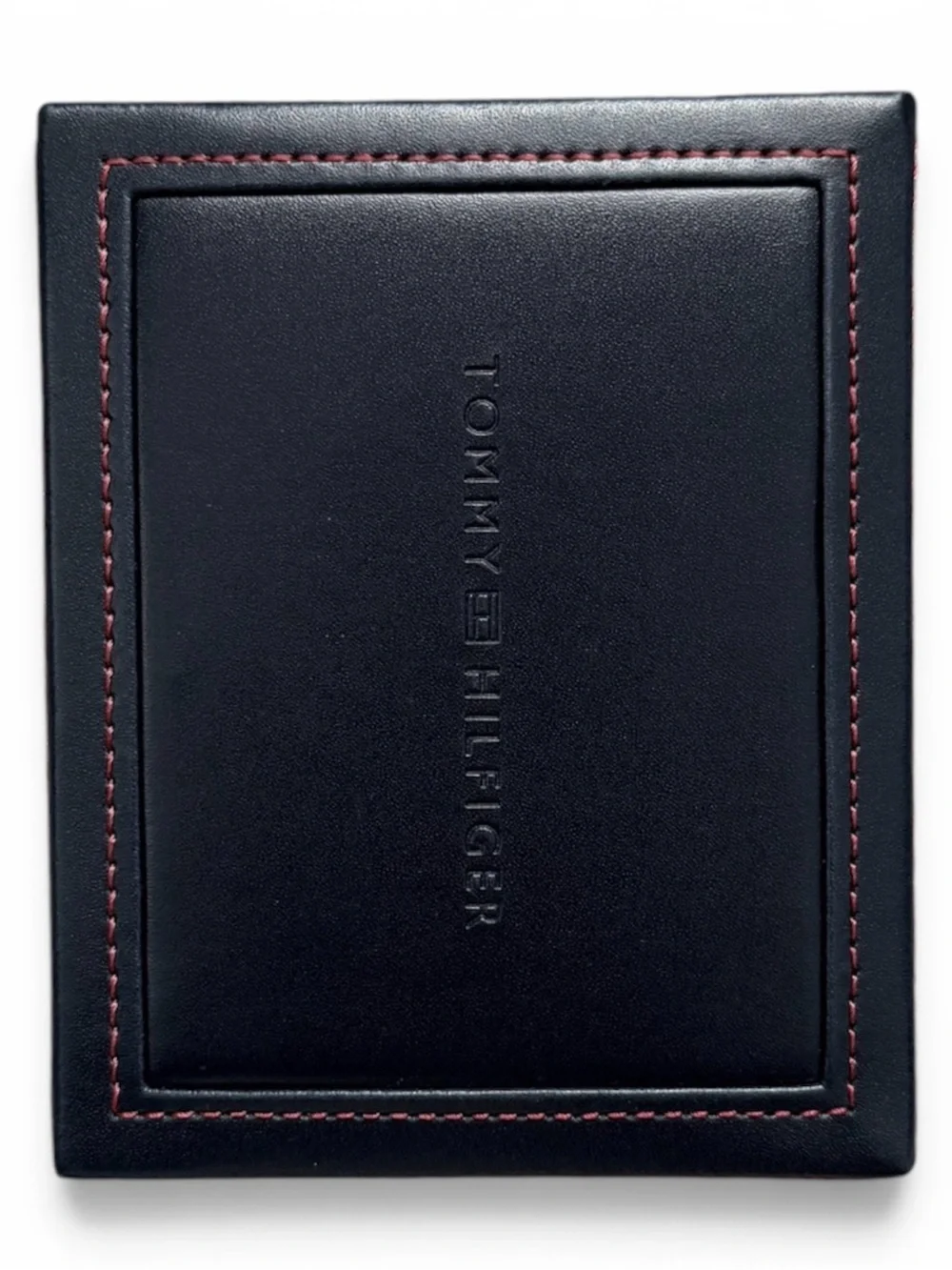 Tommy Hilfiger Trifold Black Leather Card Holder with Flag Accent